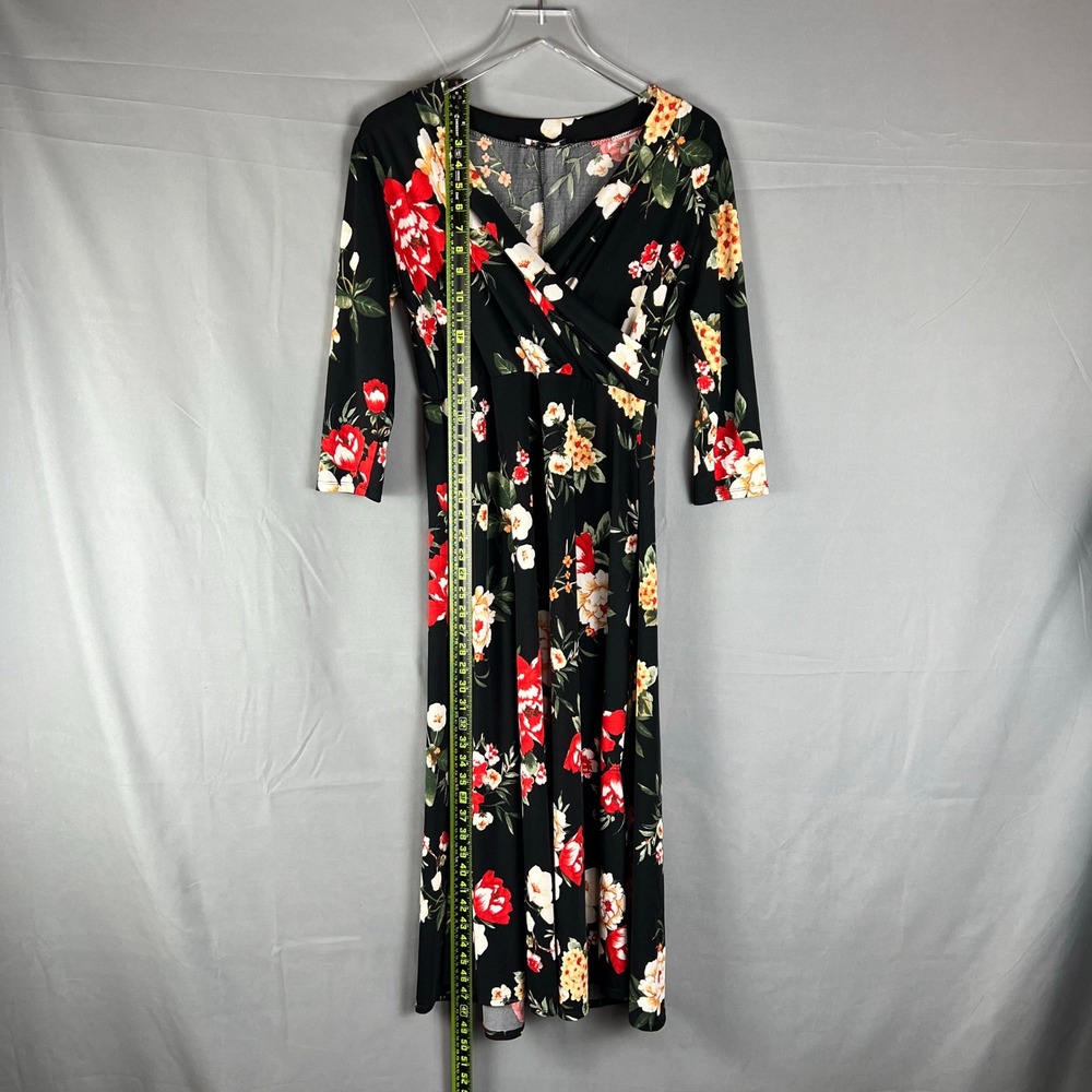Ups & Downs Midi Dress Womens Medium Black Floral Stretch 3/4 Sleeve Pullover